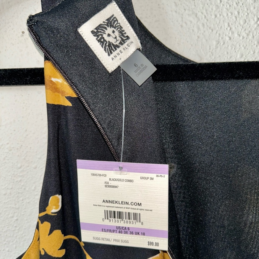 NWT Anne Klein black/mustard yellow floral tie waist sleeveless midi dress sz 6 - Picture 9 of 10